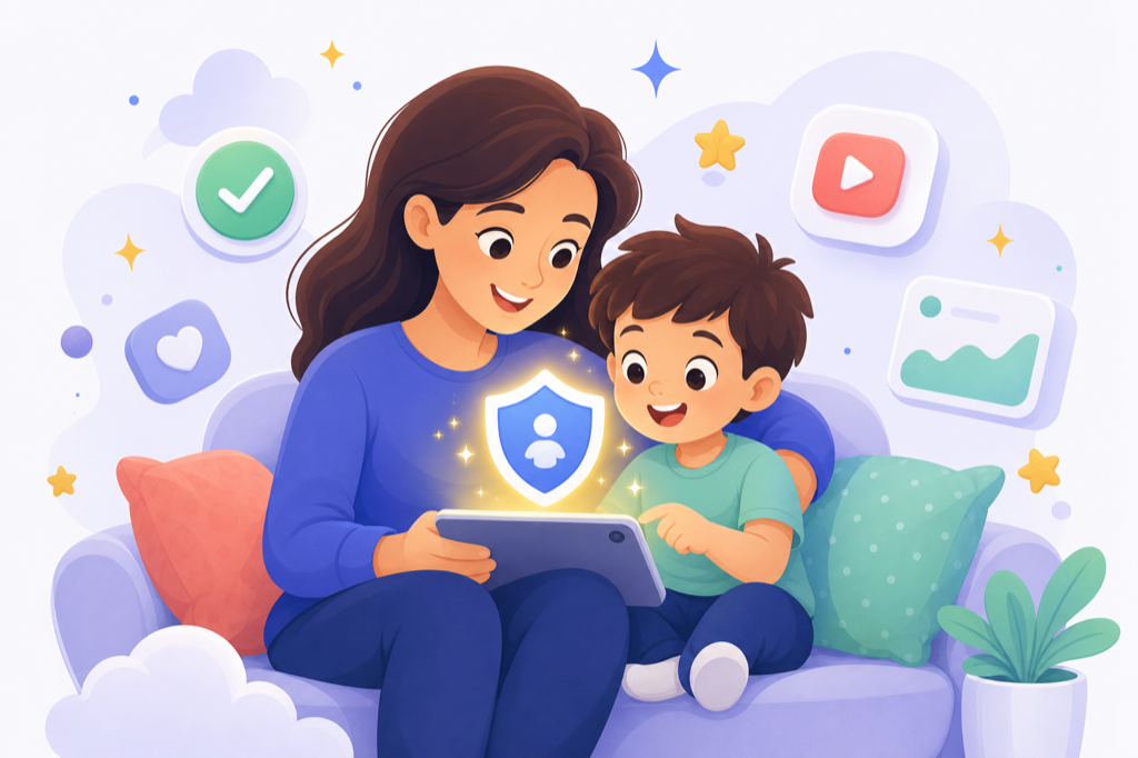 A parent and child safely watching videos together
